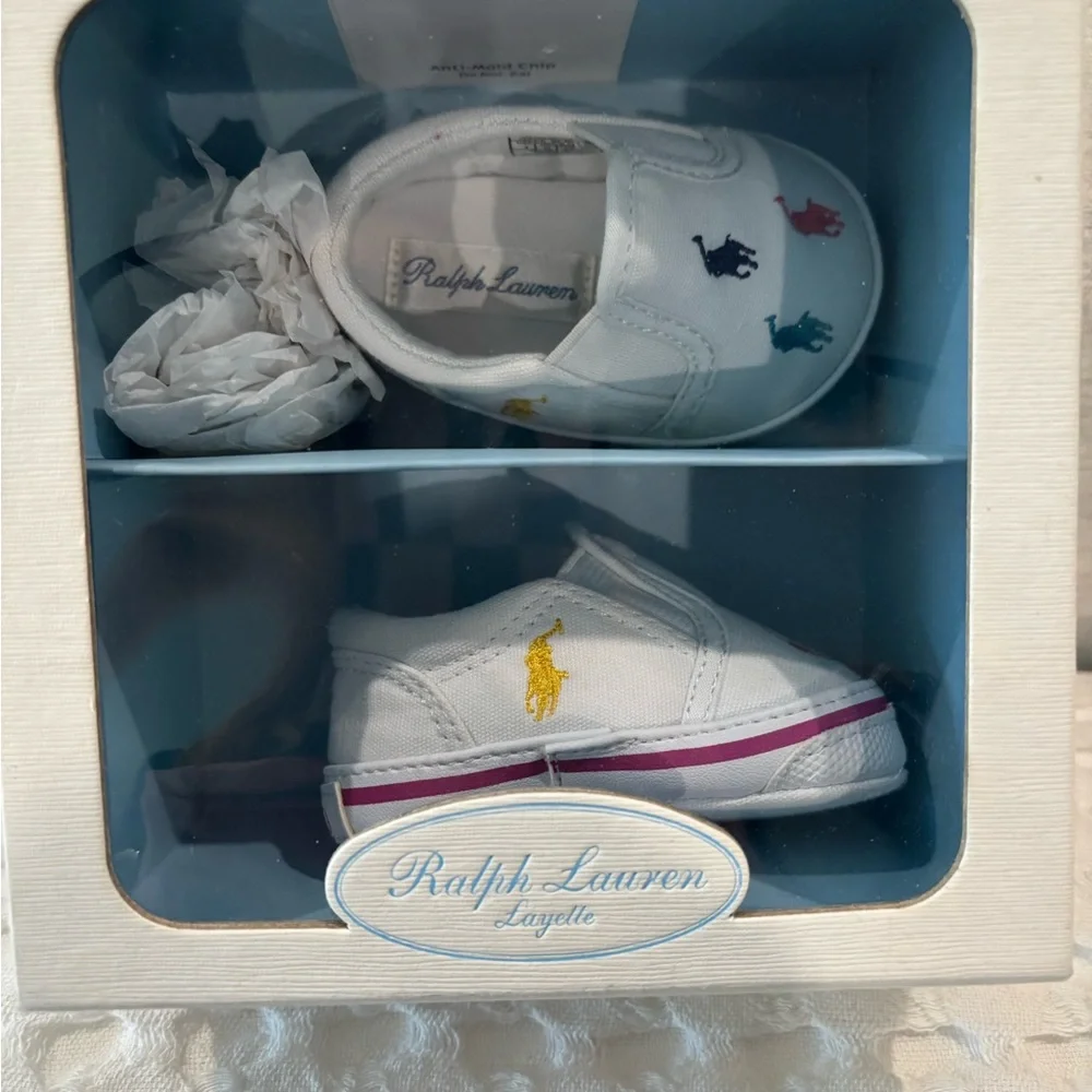 Polo by Ralph Lauren White Canvas Slip-On Baby Shoes with Multicolor Polo Logos